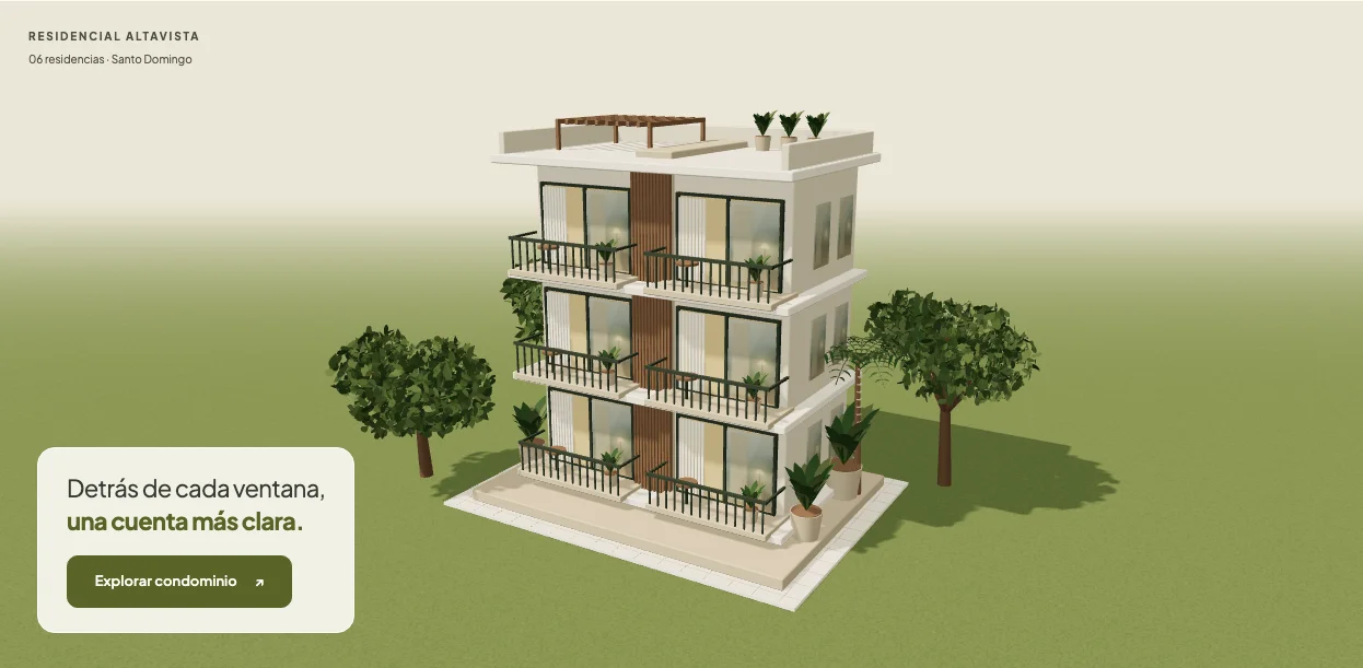 Edificio Altavista de tres niveles, balcones y vegetación tropical